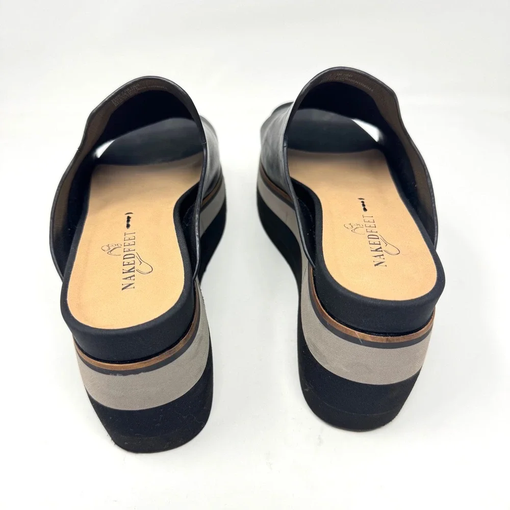 Naked Feet Flow Black Onyx Leather Platform Wedge Slide Sandals Women 7.5 M